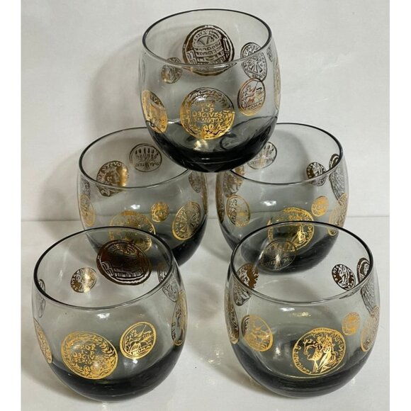 Set 5 Roly Poly Cocktail Roman Coins Mid Century Gold Smoky Glass Round Barware - Picture 1 of 7